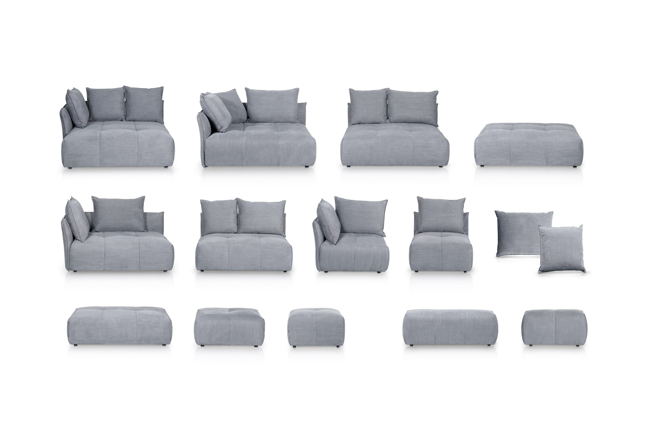 Übersicht aller Einzelelemente des modularen Sofamodells Palace mit grauem Stoffbezug und mattschwarzen Füssen