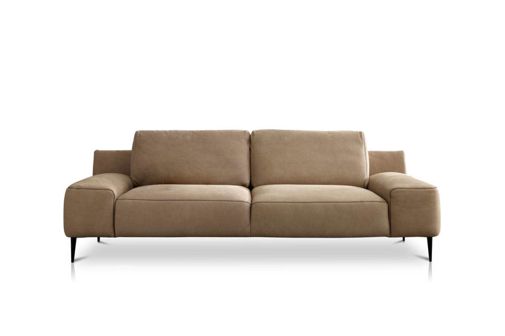 3er-Sofa des Modells Forma mit beigem Lederbezug und mattschwarzen Füssen