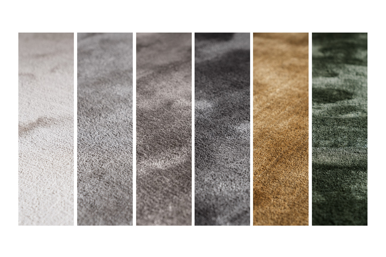 Übersicht der erhältlichen Teppich-Farben (Macadamia, Silver, Drift Wood, Graphit, Bronze, Deep Depth)